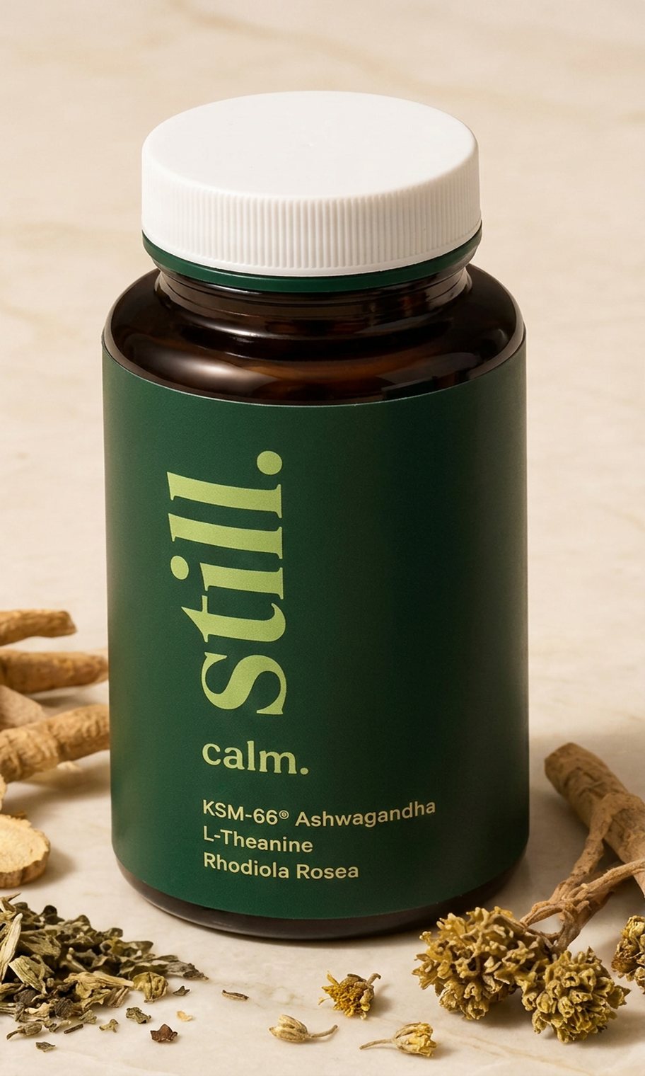 still calm. supplement bottle in forest green